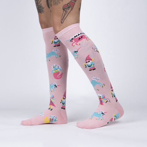 model side view of Magic AF - Funny Unicorn Gnome Knee Socks - Women's